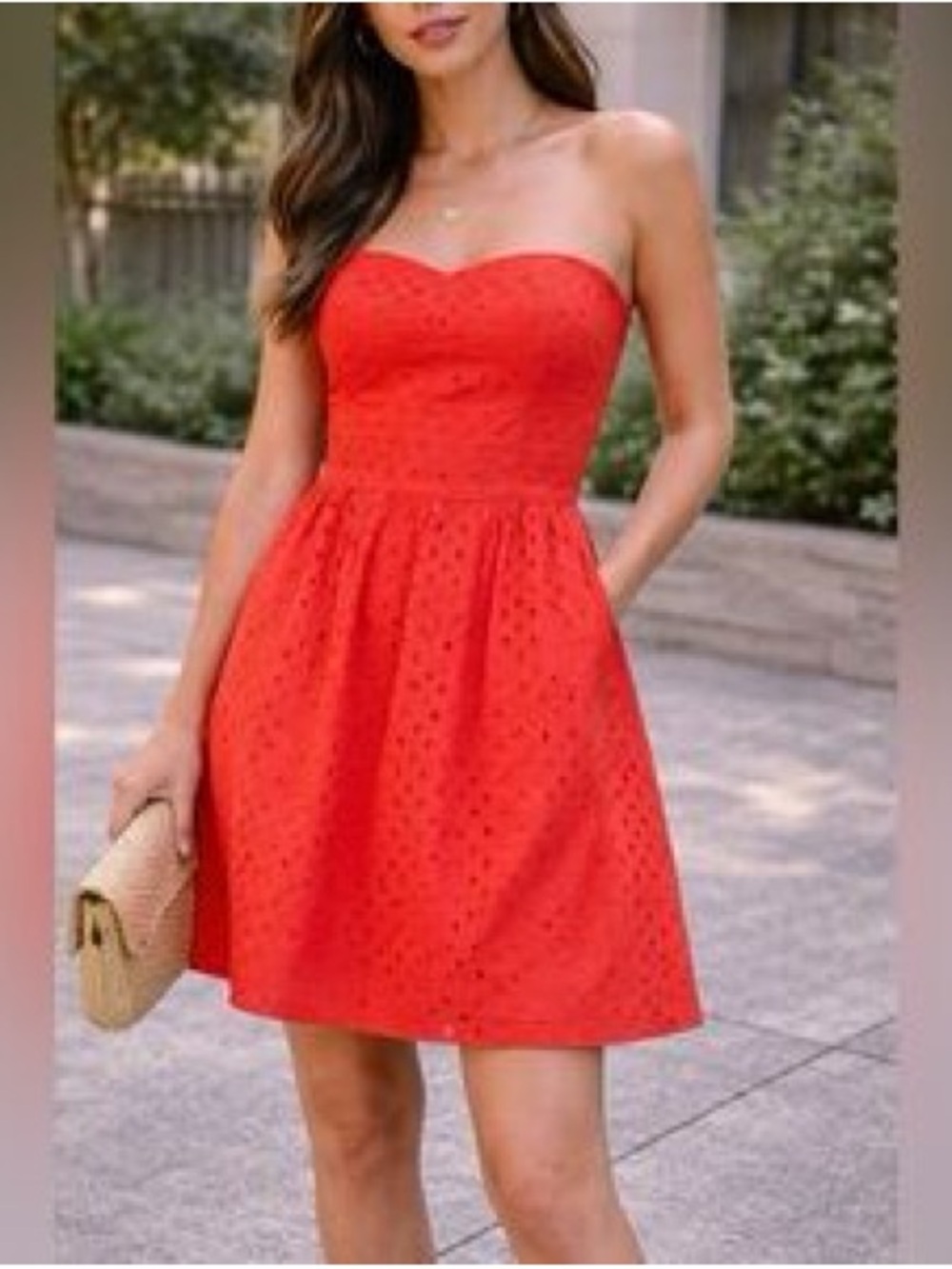 Comptoir Des Cotonniers Strapless Bright Red Eyelet Dress - Size M/38 French